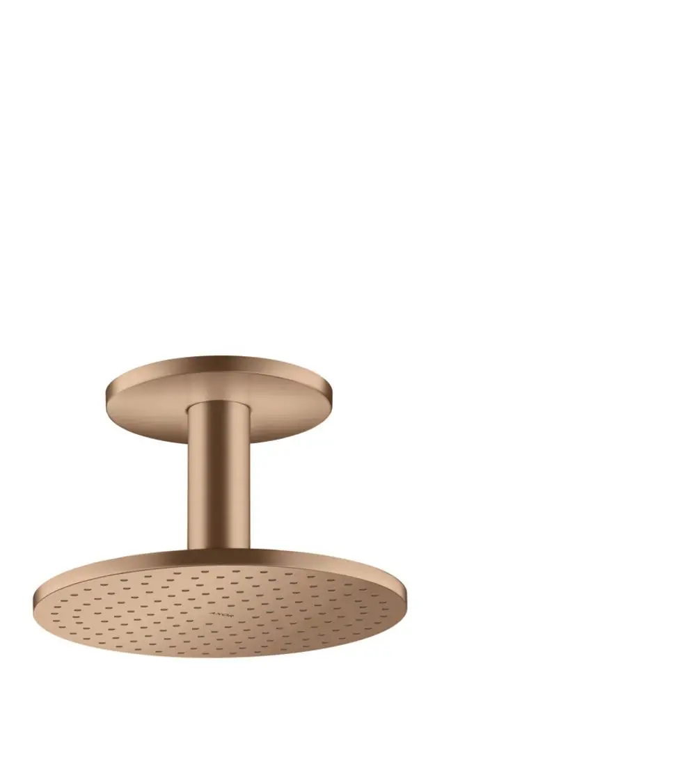 Oberflächenmontierte Kopfbrause in gebürstetem Rotgold, hergestellt von AXOR. Rundes Design mit gleichmäßiger Wasserverteilung durch mehrere Düsen.